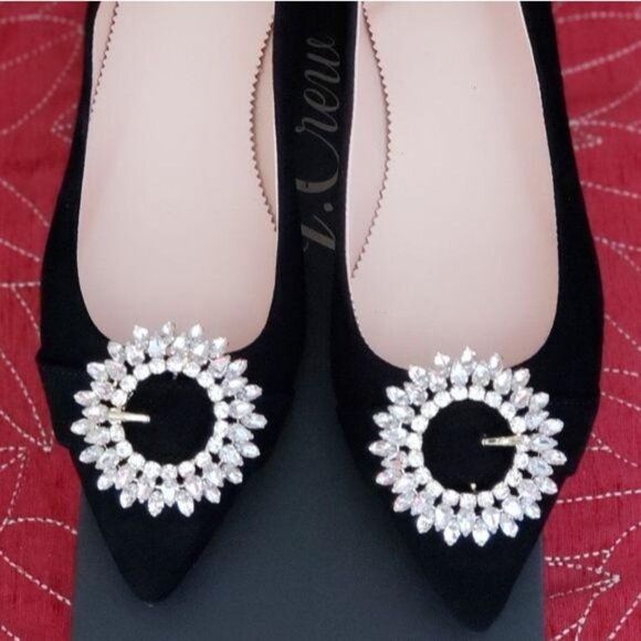 J. Crew Suede Jeweled Embellished Buckle Flats Black Size 6 Pointy Toe - Picture 5 of 6